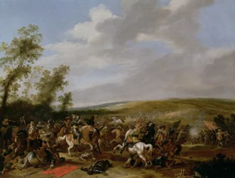 Cena da batalha de Lützen entre o rei Gustavo Adolfo da Suécia e as tropas de Wallenstein, 1632
